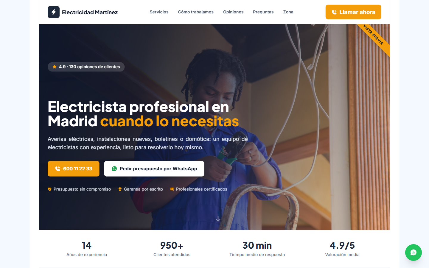 Demo de página web para un electricista, ejemplo de ActivaWeb (Electricidad Martínez)