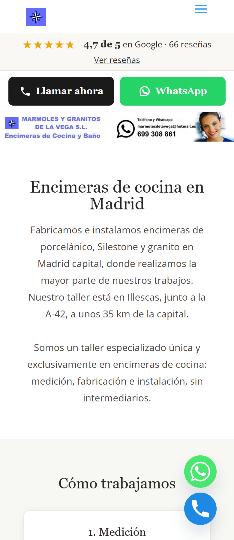 Página de encimeras de cocina en Madrid vista en móvil, con el precio visible y el botón de llamar