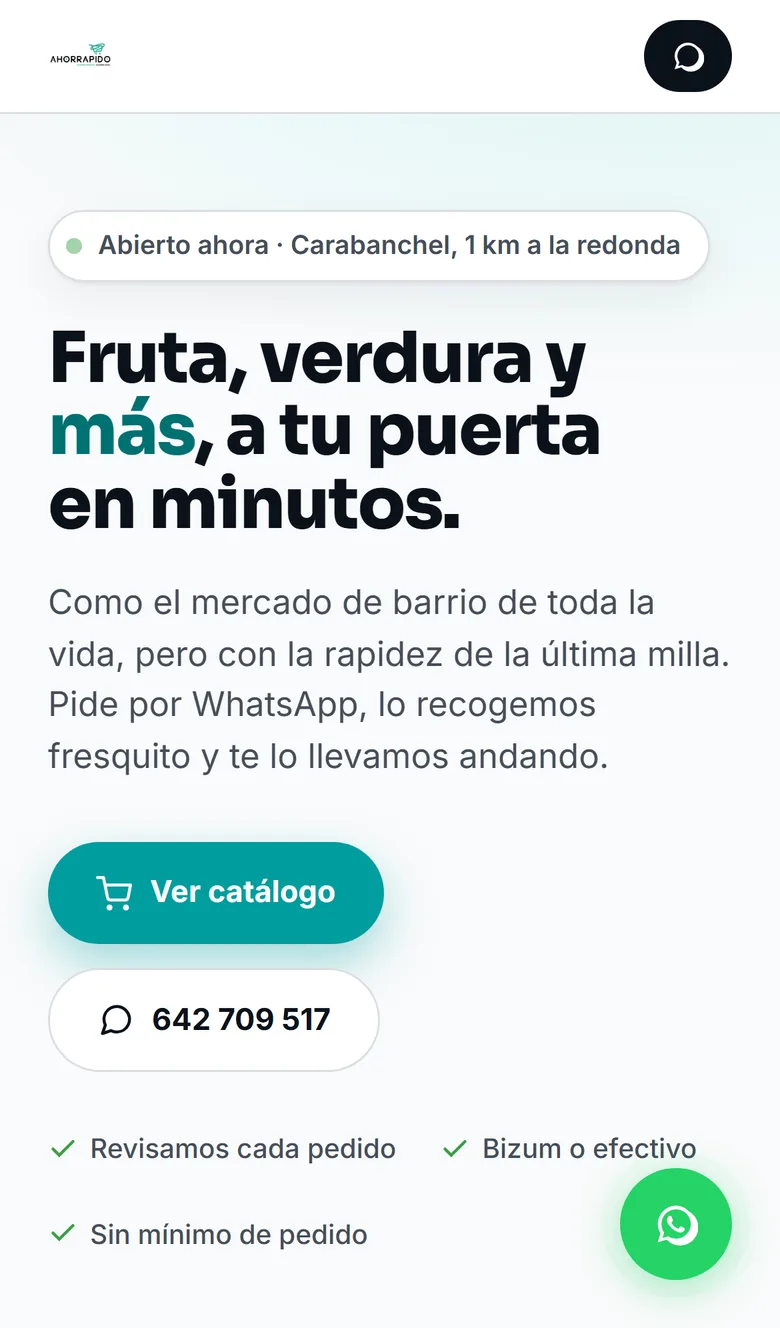 Web de ¡Ahorrapido! en el móvil — pedidos por WhatsApp con un toque