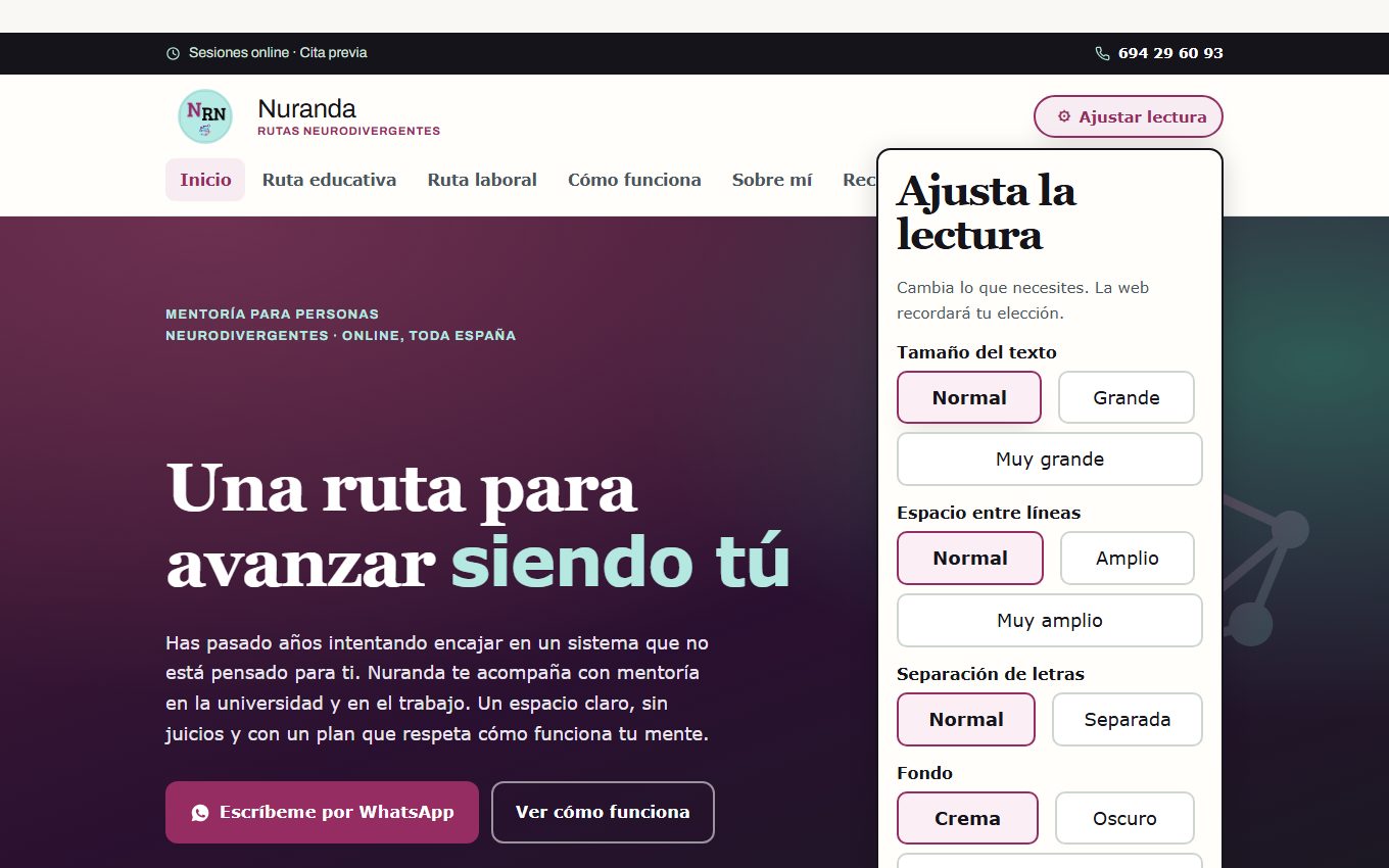 Panel de ajuste de lectura abierto sobre la portada de Nuranda